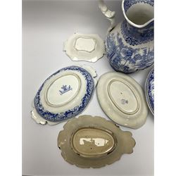 A group of 19th century blue and white transfer printed pottery, to include a John & Richard Riley Union Border series dish, a John Meir and Son dish decorated with a view from the Northern Scenery Series, a Minton Genevese pattern dish, a Country Church pattern plate possibly Cornfoot, Colville & Co, an Andalusia pattern jug, etc., plus a puce transfer printed desert dish decorated with a pastoral landscape with plough, L24cm. (14). 