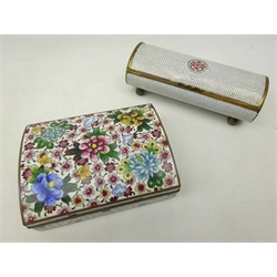  Chinese Cloisonne box, the hinge cover decorated with Chrysanthemums and other flowers, L14cm and another of oval form with central  Shou symbol on four ball feet (2)  