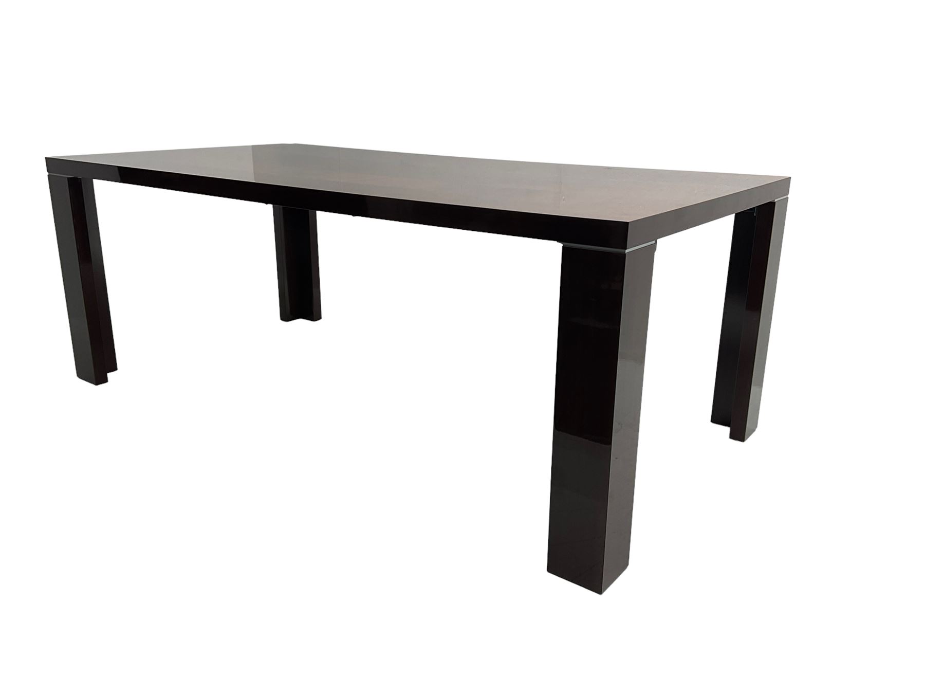 Large American walnut rectangular dining table on square block supports, together with set eight high back dining chairs with cream upholstered seats, the top and chair backs with matching inlaid geometric banding