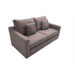 Contemporary two seat sofa bed, upholstered in plum tweed fabric