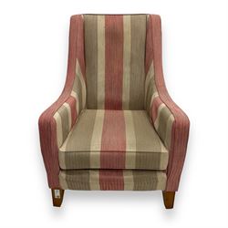 Multiyork - 'Alpine' highback armchair, upholstered in red and beige herringbone striped fabric, gently sloped arms over loose seat cushion, raised on square tapered hardwood supports