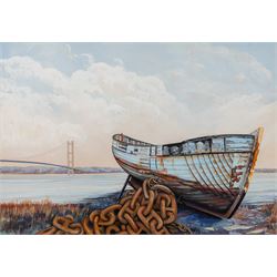 E Mace (British 20th century): Skipton Town Square, oil on board signed and dated 1974, 39.5cm x 49.5cm; Vivien R* (British 20th century): The Humber Estuary, gouache indistinctly signed and dated '93, 24cm x 34.5cm (2)