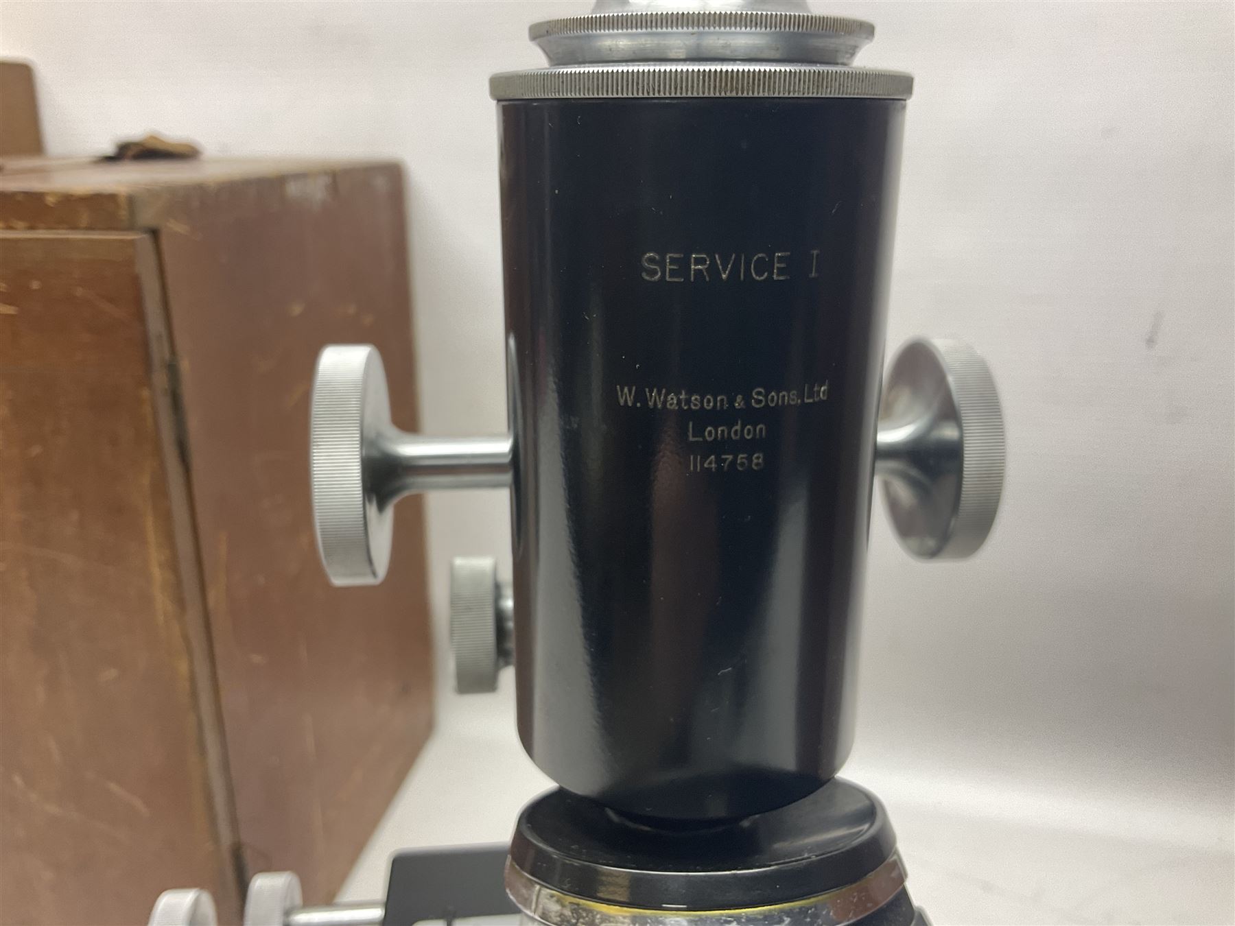 Four microscopes, including Cooke, Troughton & Simms no M467926, W Watson & Sons no 114758, W & J George & Beck Ltd no 36649 and one other 