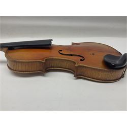 German trade violin c1900 copy of a Maggini with 36.5cm two-piece maple back and ribs and spruce top; double scroll; L60cm overall; in carrying case