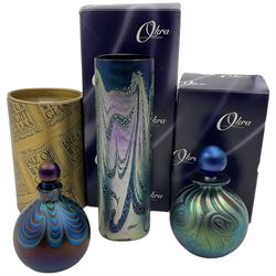 Okra Merlins Web oval vase, together with Okra perfume bottle and Isle of Wight perfume  bottle, both decorated with blue iridescent decoration, vase H16cm, all in original boxes, from Richard P Golding Studio 