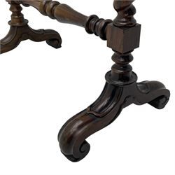 Victorian rosewood fire screen, scrolled foliage carved pediment, rectangular frame with moulded gilt slip enclosing figural needlework tapestry panel, on spiral turned supports with finials united by turned lower stretcher, on out-splayed feet with scroll carved terminals 