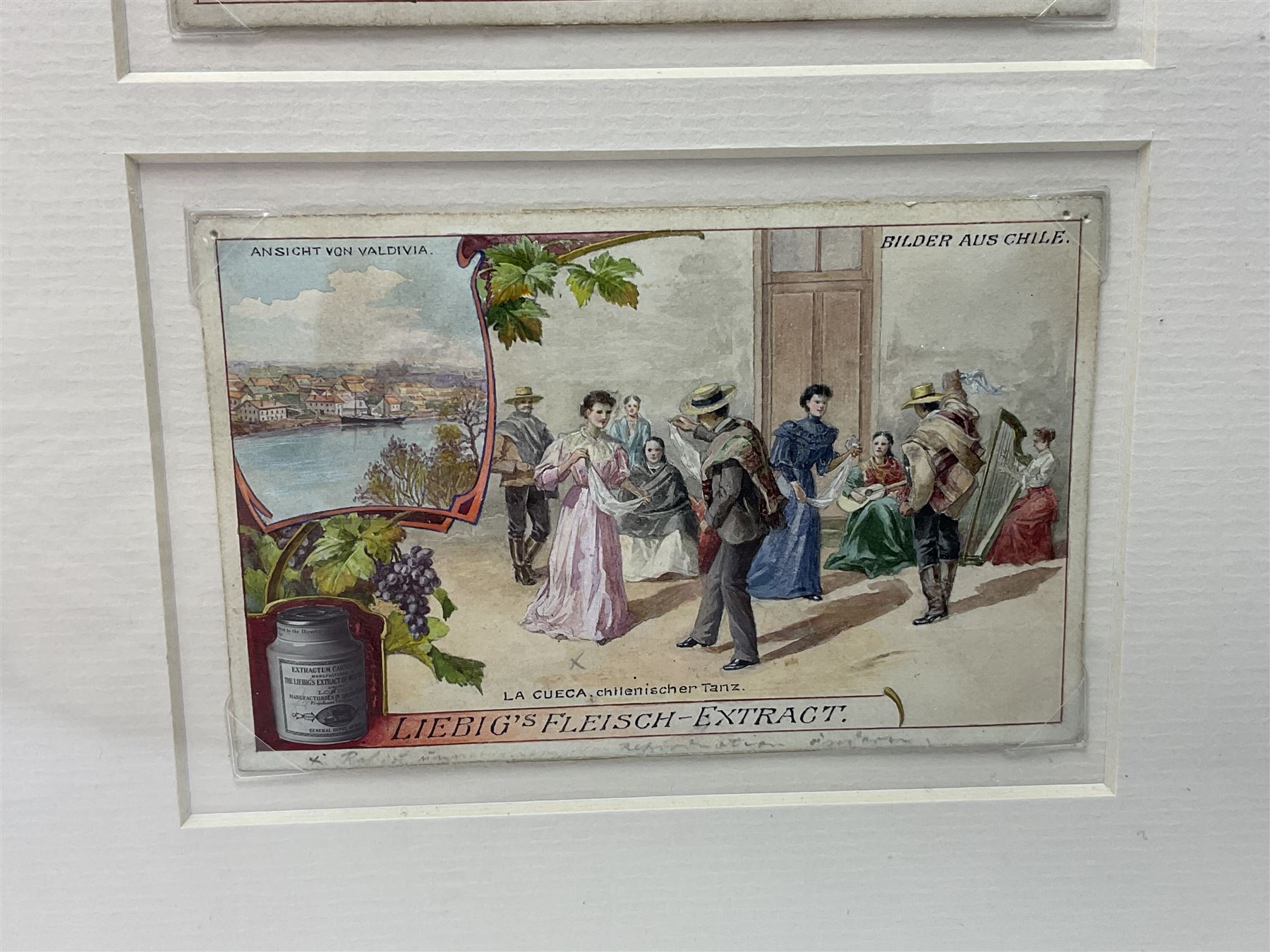 Six original illustrations for Liebig cards, mounted within a gilt frame, frame 71cm, W27cm