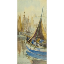 John Francis Rennie (19th/20th century): Fishing Boats in Whitby Harbour, watercolour signed and dated 1902,  33cm x 16cm