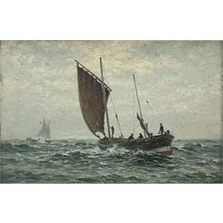 Arthur Dean (British exh.1899): Fishing Cobles at Sea, oil on board signed 23cm x 34cm