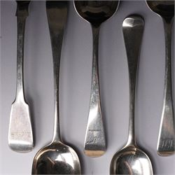 Pair of George III silver table spoons with engraved decoration London 1809 Maker Hester Bateman and eight other 19th century silver table spoons, various dates and makers (10) 