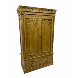 Gothic polished pine double wardrobe, fitted with four drawers