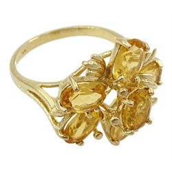 9ct gold oval citrine flower cluster ring, hallmarked