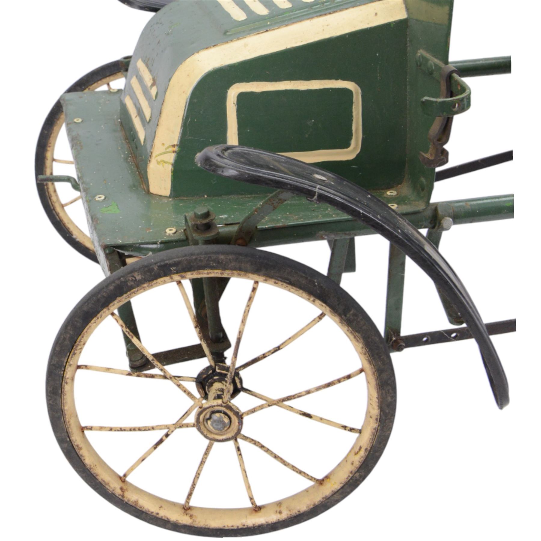 Triang child's pedal car in the style of a vintage automotive, likely a De Dion Bouton or an early Renault, painted in dark green with pale yellow details, H52cm