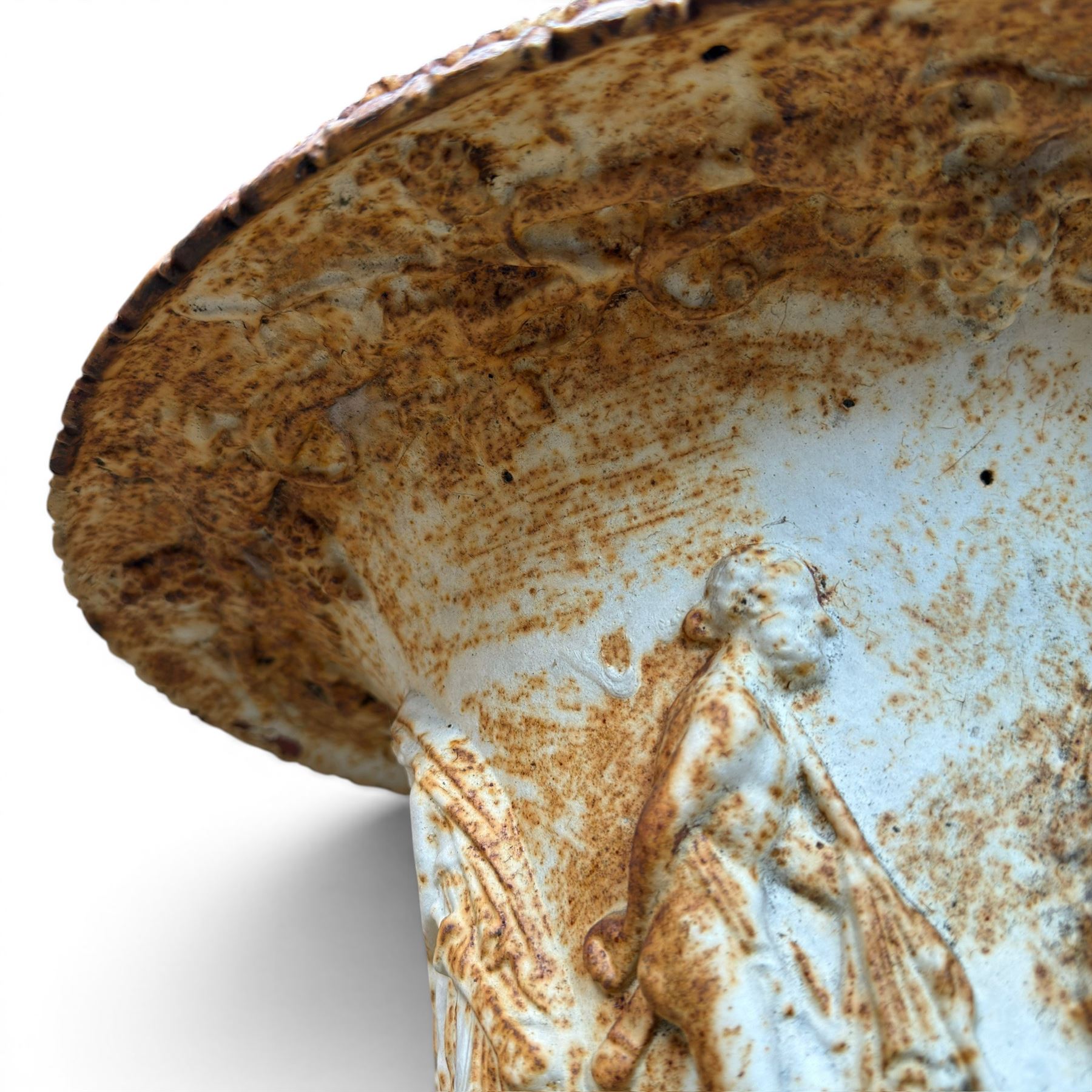 Andrew Handyside - pair of 19th century best quality cast iron garden urns, individually detailed in relief Allegorical Figures and Helaldic Swans, campagna form with twin handles, detail under rim, raised on circular fluted base