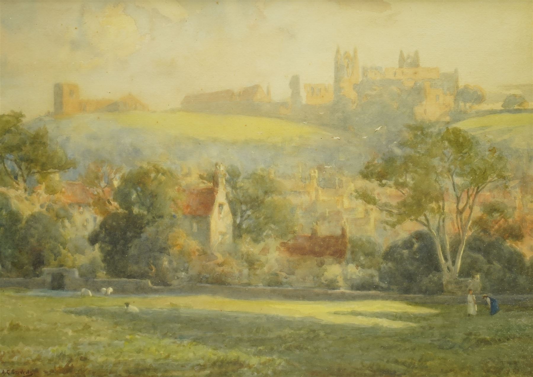 Albert George Stevens (Staithes Group 1863-1925): Yorkshire Landscape with Hilltop Ruins, watercolour signed 25cm x 35cm