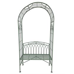 Regency design wrought metal arch and bench, decorated with arched gothic window design, strap seat and straight supports, in teal finish