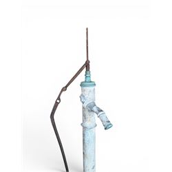 Georgian period lead garden water pump, with iron handle, set in square stone base