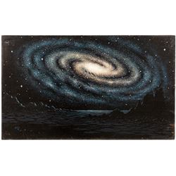 David A Hardy (British 1936-): Andromeda, oil on board signed and dated '68, 47cmx76cm (unframed)
Notes: This item is from the private collection of Arthur C. Clarke's brother.
