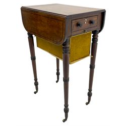Narrow George III mahogany sewing or work Pembroke table, drop-leaf rectangular top with rounded corners inlaid with ebony stringing, fitted with single full-length cock-beaded drawer and opposing false drawer fascia, turned handles and ivory escutcheons, sliding upholstered storage bag beneath, on ring turned supports with brass cups and castors

This item has been registered for sale under Section 10 of the APHA Ivory Act