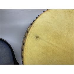 Dulcet eight-string banjo mandolin with mother-of-pearl inlaid ebonised fingerboard L55.5cm; cased; and Irish mahogany bodhran hand drum with inlaid stringing and vellum top D46.5cm; in soft carrying case with double ended beater (2)
