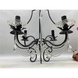 Terracotta studio pottery lamp base with carved detail and geometric knop and base, H45cm, together with a black chandelier with drops, Mid century teak light fitting with three drop down clear glass pendants and copper mounts, H54cm, and Rhinestone and black eight branched chandelier