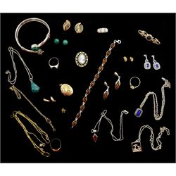 9ct gold jewellery including garnet necklace, black onyx signet ring, opal ring, cameo brooch, earrings, locket, earrings and necklaces, 14ct gold necklace and pendant and a collection of silver jewellery including amber earrings, necklace and pair of earrings, toadstool pendant necklace etc