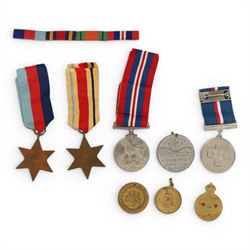 WWII trio comprising War medal, African star and 1939-1945 star, together with Gibraltar medal and others 