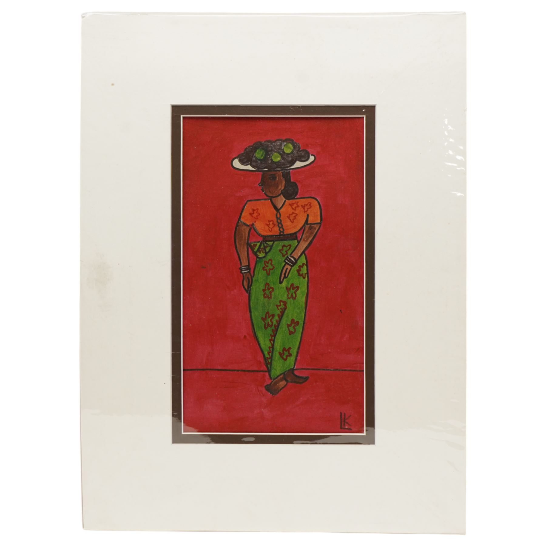  L K Karunaratne (Sri Lankan 1932-2013): 'Vattiamma', poster colour on card signed with initials 32cm x 18cm

Notes: Karunaratne was a key figure in Sri Lanka’s heritage conservation movement and a respected artist. Known for his work documenting Sri Lankan archaeology, he specialized in painting the rich traditions of the Kandyan period and Buddhist architecture. Vattiamma demonstrates his mastery of poster colour, capturing the essence of Sri Lankan life and culture. Karunaratne’s detailed studies of sites like Degaldoruwa and Medawala, as well as his extensive drawings of Kelaniya clay toys, highlight his dedication to preserving the island's artistic legacy. His works have been showcased in exhibitions organized by the National Trust of Sri Lanka and are held in various collections, including the University of Moratuwa and other important private and state collections.