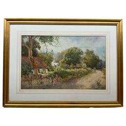 Samuel Towers (British 1862-1943): Girl with Kitten by Country Cottage, watercolour signed and dated 1899, 37cm x 58cm