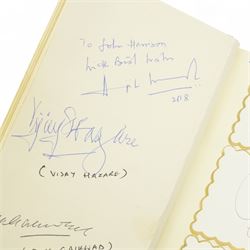 K S Ranjitsinhi - Jubilee Book of Cricket 1897, rebound in full calf and incorporating approximately 250 autographs of international cricketers, collected, compiled and presented by John E Harrison, all edges gilt together with a folder of correspondence, birthday card from Don Bradman, cuttings and autographs etc and a small album of photographs and correspondence