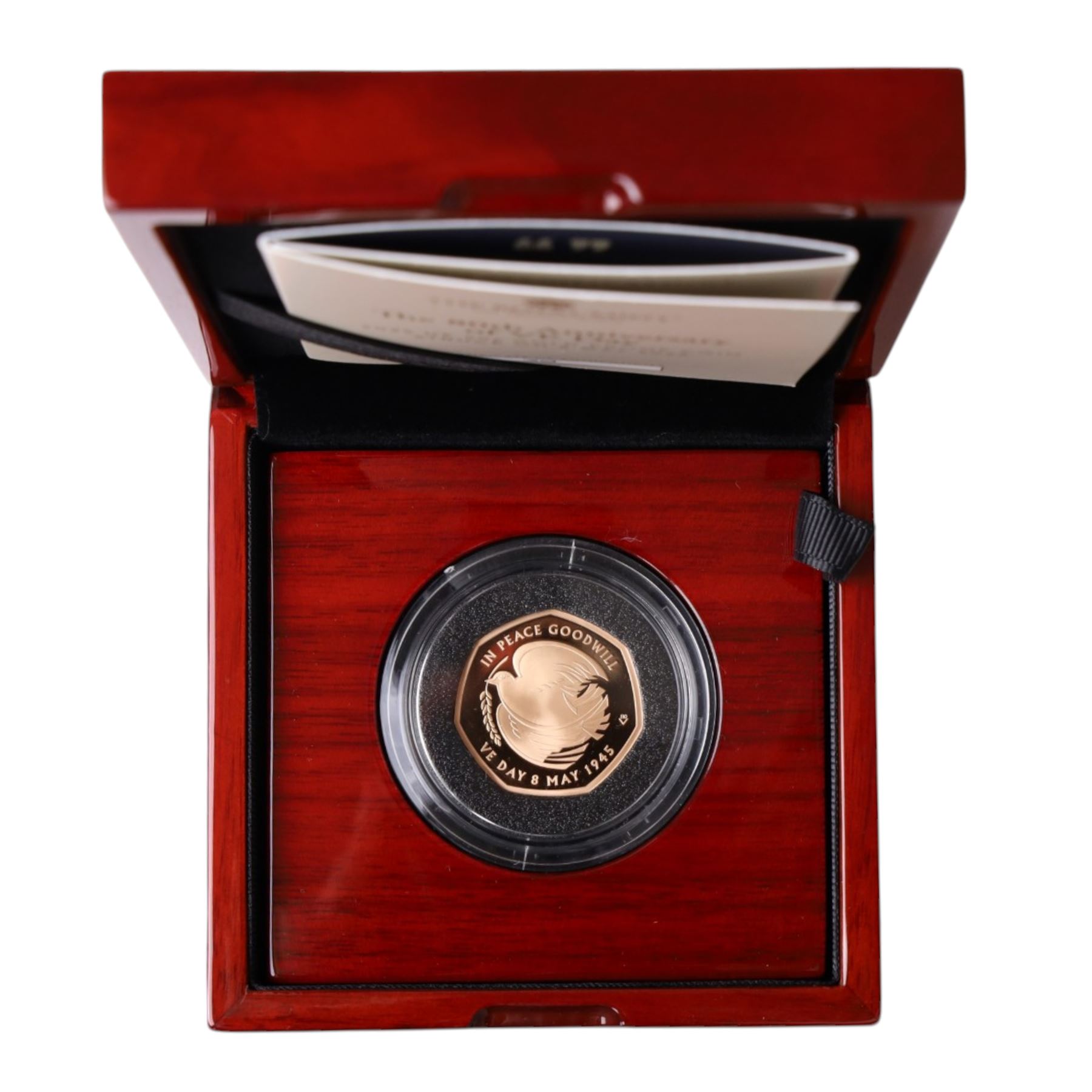 The Royal Mint United Kingdom 2025 'The 80th Anniversary of VE Day' gold proof fifty pence coin, struck on the day, cased and boxed with certificate