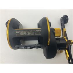 Three multiplier spool sea fishing reels, to include Swedish Abu Ambassaduer 700c Black, with spare spool, Swedish Abu Garcia Ambassadeur 6500 C3 CT MAG and Penn 515 MAG2, all boxed