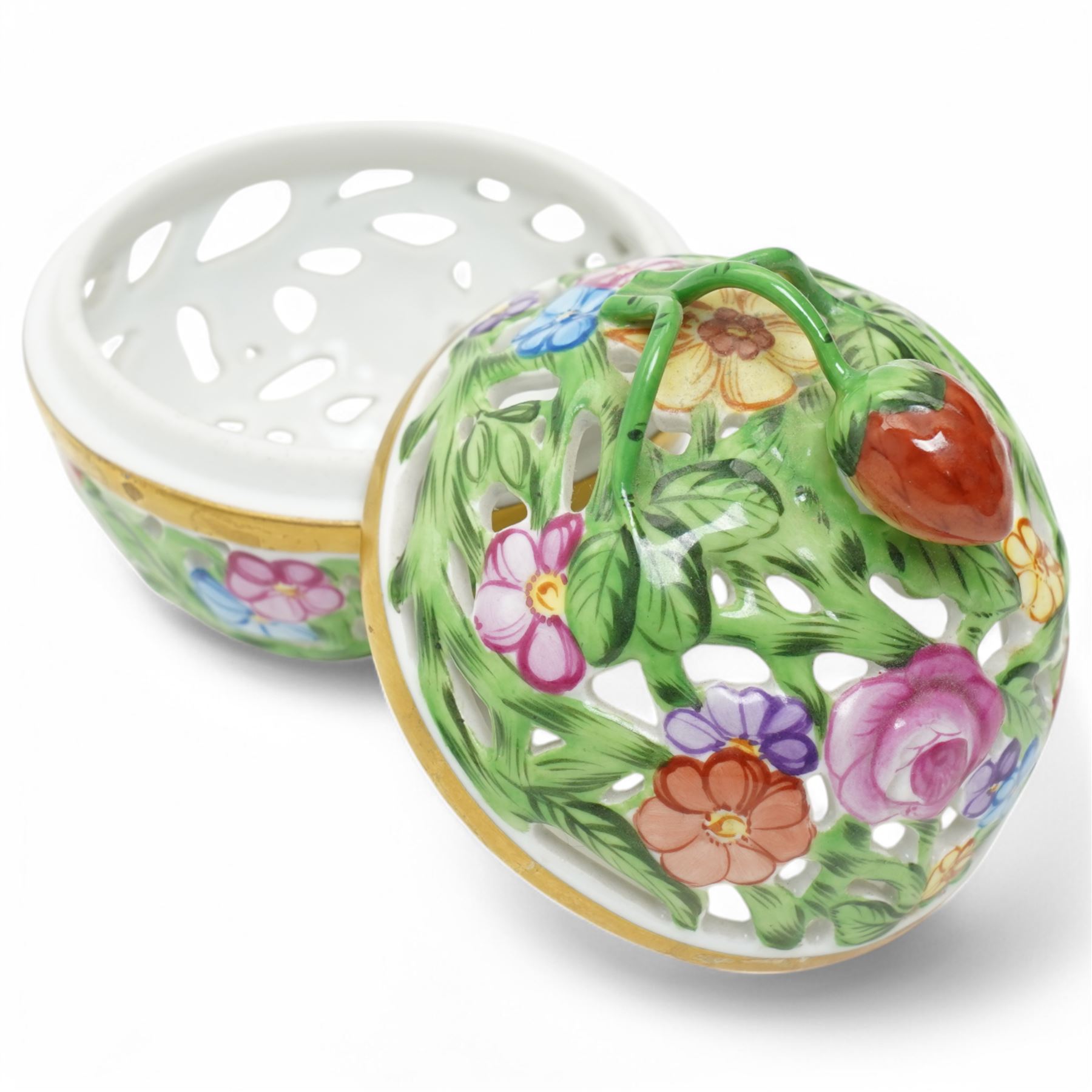Herend porcelain model of a frog on a leaf, together with pierced potpourri with cover in floral design, each with marks to base, H8cm (2)