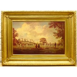FRAMES - 20th century heavy gilt frame, containing a print on canvas of a cricket match, aperture 45cm x 70cm