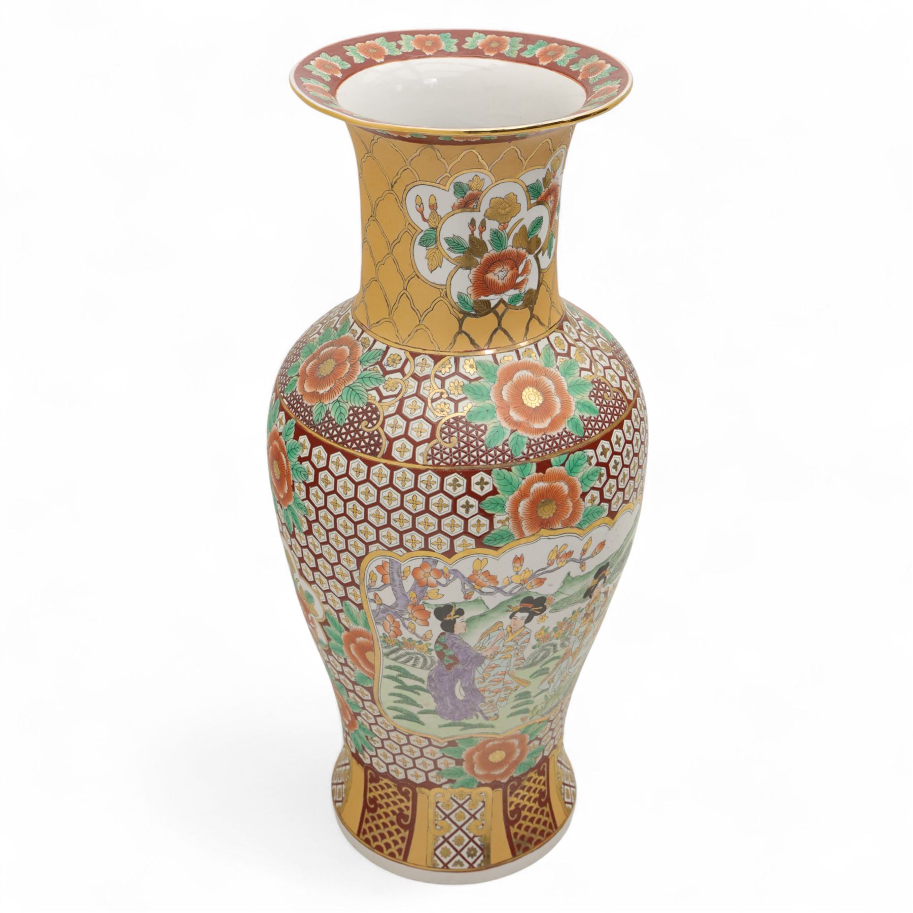 Floor vase, of baluster form with fluted rum, the central panel with figures in a landscape, within a geometric design, H95cm+ 