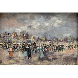 L Loir (French 1845-1916): Bastille Day Parade, oil on canvas laid on panel signed 18cm x 26cm