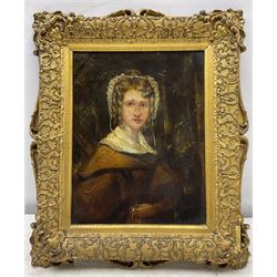 English School (19th Century): Portrait of a Girl holding a Posy, oil on panel unsigned 20cm x 15cm 