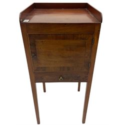 Early 19th century mahogany bedside pot cupboard, raised gallery back, enclosed by single door with band above single drawer, square supports