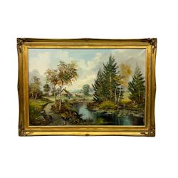 John Corcoran (British 1942-): Cottage in a Woodland Landscape, oil on canvas signed 60cm x 90cm