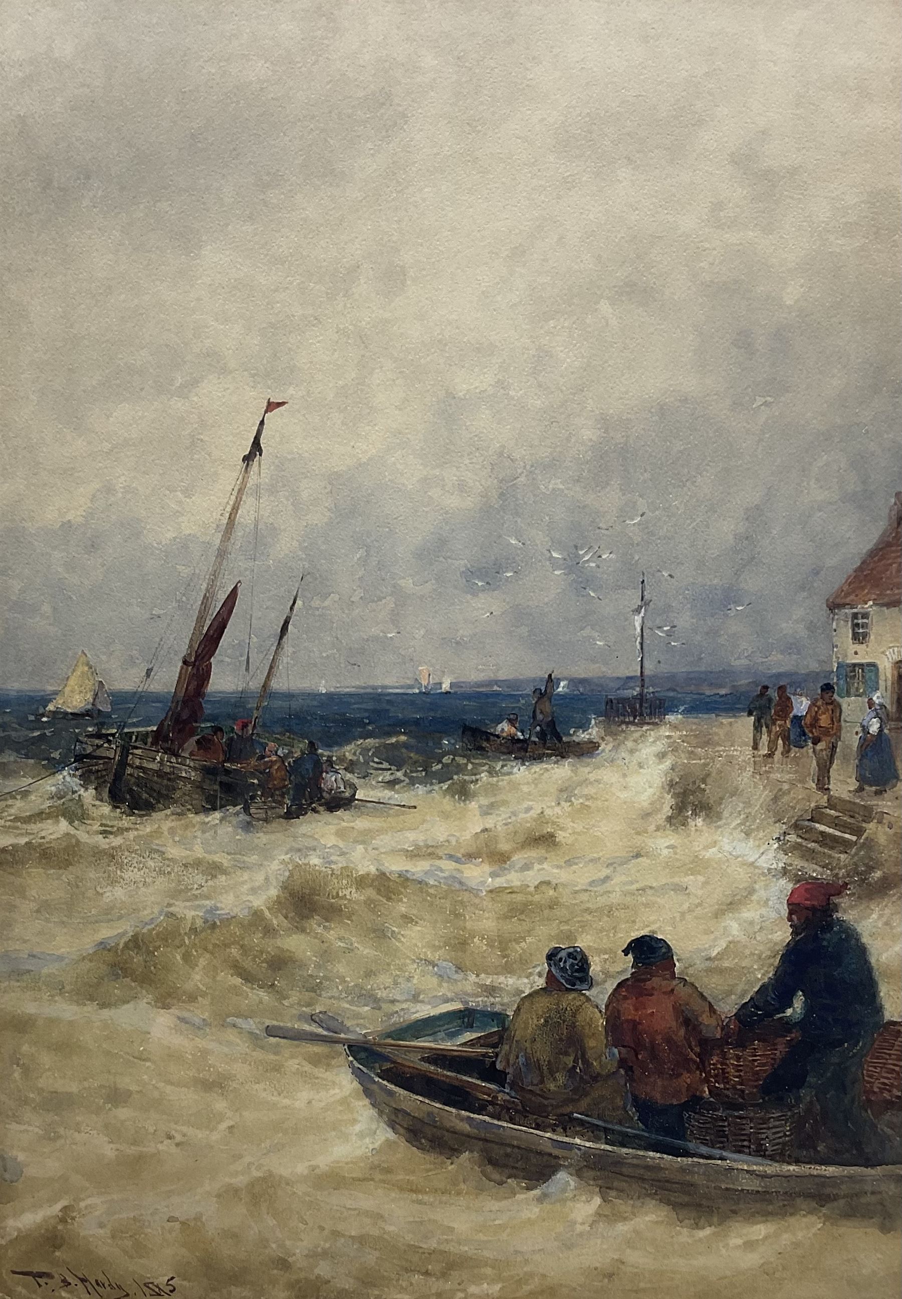 Thomas Bush Hardy (British 1842-1897): Fishing Boats leaving Harbour in Choppy Seas, watercolour signed and dated 1885, 50cm x 35cm