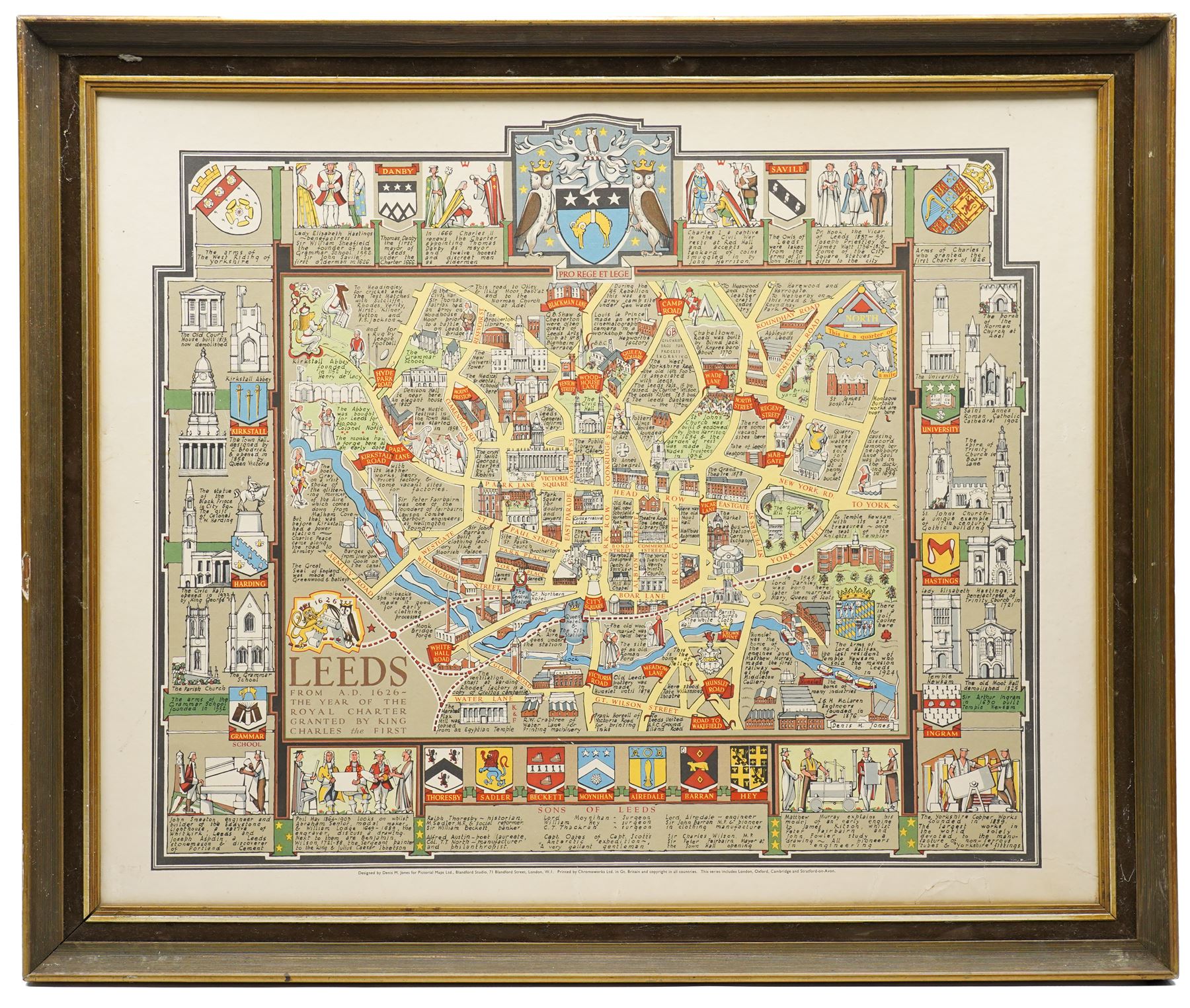 Denis Mason Jones (British 1918-2010): 'Leeds from AD 1626',  pictorial colour map with major events and churches to the margins 54cm x 66cm 