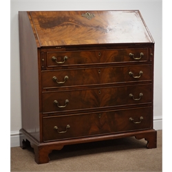  Georgian inlaid mahogany bureau, fall front enclosing fitted maple interior, one short and three long drawers, shaped bracket supports, W96cm, H106cm, D48cm  