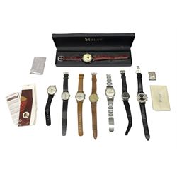 Stauer calendar wristwatch, boxed with papers, and a collection of wristwatches including Longines,  Agaton Alarm, Rotary automatic, Candino, Aiva and Record (9)