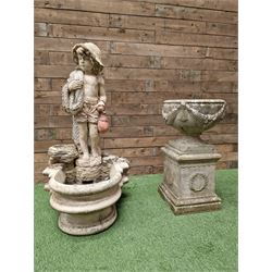 Three section cast stone garden figure of a boy carrying fishing net and a satchel with a water feature together with a cast stone planter on plinth - THIS LOT IS TO BE COLLECTED BY APPOINTMENT FROM DUGGLEBY STORAGE, GREAT HILL, EASTFIELD, SCARBOROUGH, YO11 3TX
