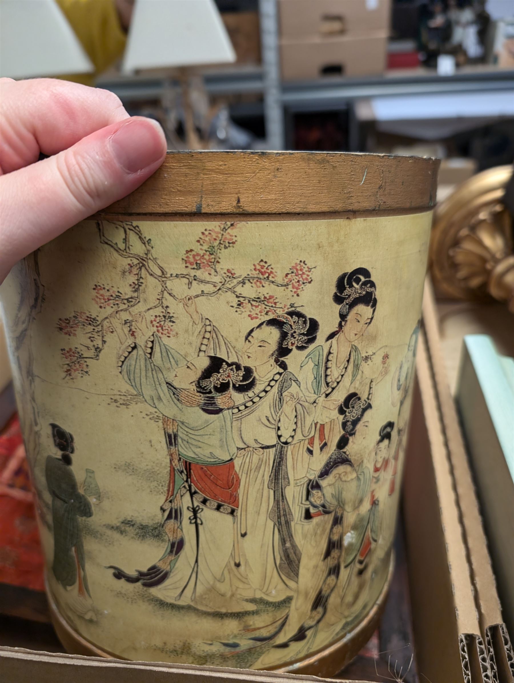 Pair of modern candlesticks in gilt finish, Chinese wooden waste paper basket, box of cutlery and other collectables