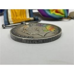 WWI trio of medals comprising British War Medal and Victory Medal awarded to 1815 Pte. W. Scott K.O.Y.L.I. and 1914-15 Star awarded to 200196 Pte. W. Scott Yorks. L.I.; with ribbons on wearing bar