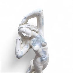 Cast stone garden statue, painted in a white finish on plinth