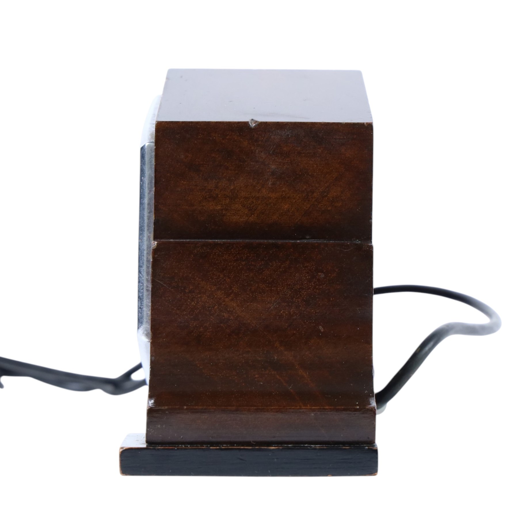 1940's Ferranti electric mantel clock, mahogany case with chromium octagonal bezel, H13cm, W26cm