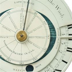 Thomas Emberson of Long Sutton (Lincolnshire) - Early 19th century longcase clock c1810 with a 30hr movement and an exceptionally rare 24-hour painted dial, housed in an ebonised Pine case with a flat pediment and break arch hood door, glazed side panels and turned pilasters with brass Corinthian capitals, trunk with a long door and conforming break arched top raised on a stepped plinth, fully painted dial with painted spandrels representing the four seasons and an operating automata depiction of ships at sea, rising and falling with the time of high and low water to the arch, with a 24-hour chapter with Roman numerals, five minute Arabic's, minute and inner quarter hour tracks, steel radial minute hand and image of the sun recording the hours, secondary inner dial illustrating the phases of the moon and lunar calendar recording the date and times of high and low water at Fosdike Wash (Lincolnshire), with an adjustable circular disc to the centre giving the times of high water at seven other locations including the Northern Pacific Ocean, dial attached to a countwheel striking chain driven movement, sounding the hours on a bell. With weight and pendulum.
Thomas Emberson is recorded not as a clockmaker but a machine maker from Long Sutton. This clock is also thought to have originally contained a musical movement, now removed, and was clearly an individual project possibly based on an earlier clock by John Ferguson illustrated in 