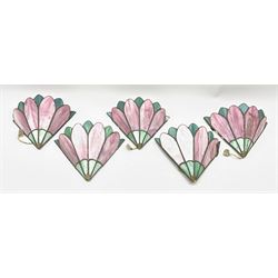 Five Tiffany style pink and blue leaded glass wall lights, approximately H23.5cm. 